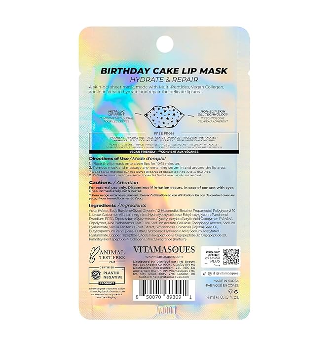 Vitamasques Lip Mask, 3-Pack -Birthday Cake Collagen Lip Mask Sheets, Repair for Dry & Chapped Lips - Nourishing & Hydrating - Vegan & Cruelty-Free Korean Skin Care