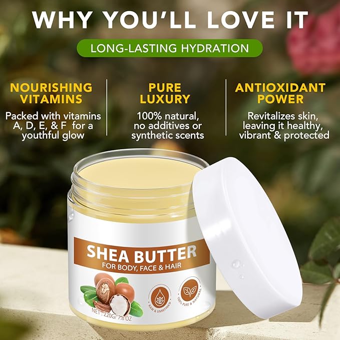 Shea Butter Raw Organic,Pure Shea Butter Unrefined for Body, Face & Hair,Long-Lasting Hydration for Dry Skin, Hair Care, DIY Lip Balm, Natural Moisturizer-100% Natural Vitamin A, E & F-7.8 oz