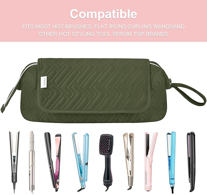 Leudes Hair Tools Travel Bag for Women Heat Resistant Mat for Travel Essentials Hot Tools Straighteners,Flat Irons,Curling Iron,Hot Air Brushes and Hair Dryer Organizer Bags 2 in 1 (Army GreenA)