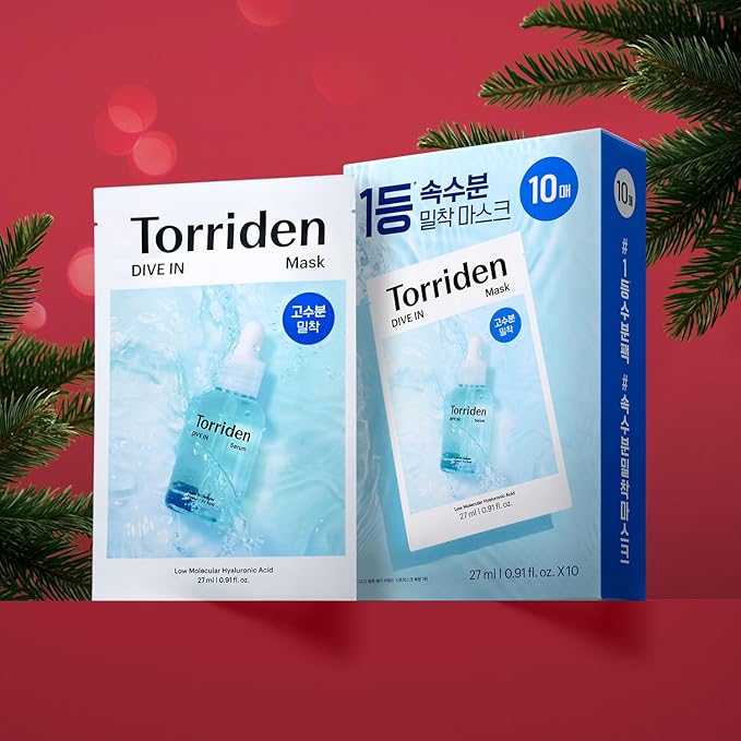 Torriden DIVE IN Hyaluronic Acid Facial Mask (10 sheets) | Deep Hydration Korean Face Sheet Mask | Panthenol & Allantoin | Great Holiday & Christmas Gift Stocking Stuffer