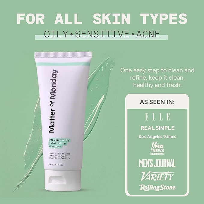 Pore Minimizing Face Wash - Exfoliating Cleanser with Fruit Enzymes & Bamboo - Daily Facial Cleanser for Oily Acne Prone Skin - Deep Pore Cleanser