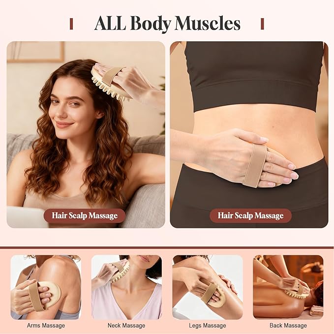 2 PCS Meridian Massage Brushes, Wood Therapy Massage Tools with Essential Oil, Handheld Meridian Brush for Belly Fat, Full Body Relaxation Cellulite Pressure Brushes for Legs, Arms, Back (Beige)