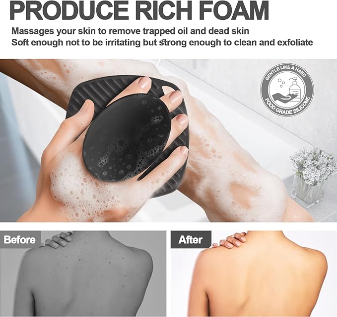 Silicone Body Scrubber with Suction Cup, Gentle Texture Exfoliating Body Scrubber for Men and Women On Sensitive Skin, Build Up Lather, Deep Skin Clean (Body+ Face Scrubber Black)