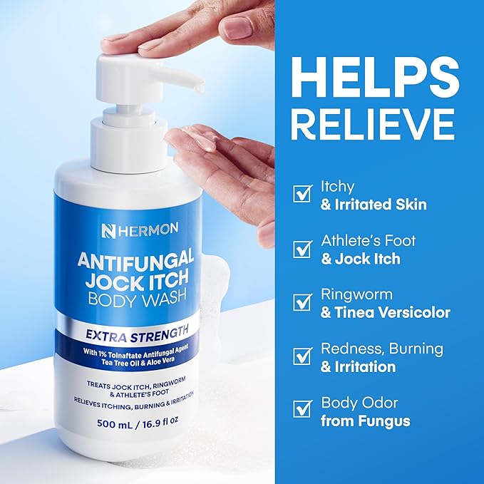 Hermon Antifungal Body Wash for Jock Itch: Tea Tree oil Body Wash for Jock Itch, Ringworm, Back Acne, Athlete's Foot, Tinea - Medicated Soap for Men and Women