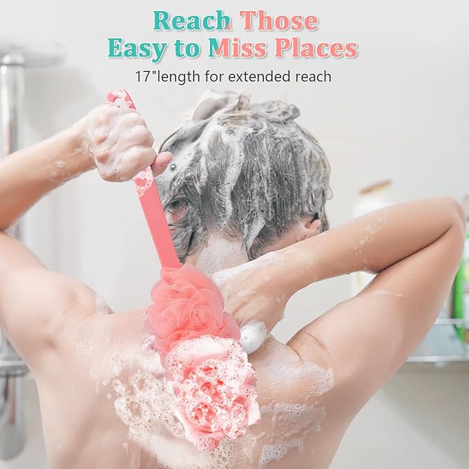 2Pack Back Scrubber for Shower Loofah with Long Handle, Shower Brush for Body, 17″ Loofah on a Stick for Men Women Bathing Accessories, Scrubber Sponge for Exfoliating Bath Brushes (Pink & Green)