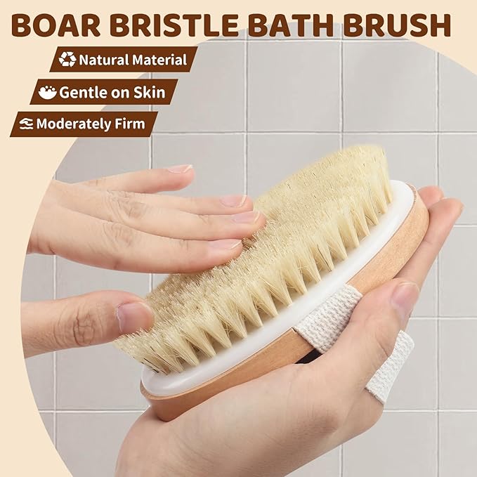 4 Pack Dry Body Brushing Brushes, Natural Bristle Exfoliating Scrub Brushes with Massage Nodes for Lymphatic Drainage, Skin Firming, Acne Treatment, and Cellulite Reduction