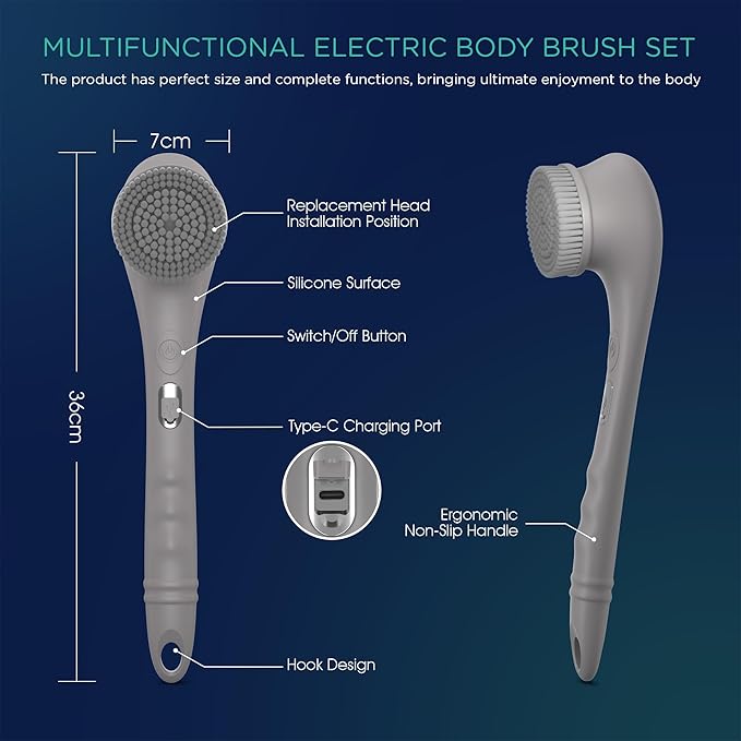 VOYOR Electric Body Brush Back Scrubber Silicone Body Scrubber Two-Way Rotating Brush Head for Deep Cleaning, Exfoliation, 4 Attachments Long Handle IPX6 Rechargeable Shower Brush BC300 (Grey)