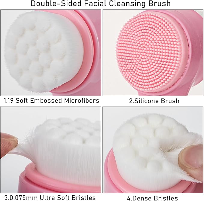 Facial Cleansing Brush 2 in 1, Silicone Face Scrubber Dual Face Brush for Deep Pore Cleansing and Exfoliating, Skincare Headband and Wristbands Set for Washing Face, Massaging Spa Makeup, Pink