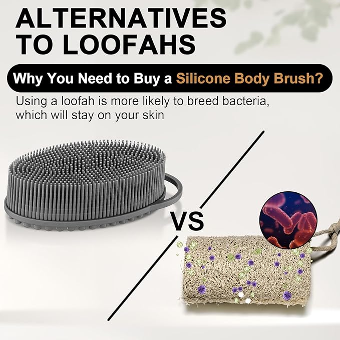 Metene Silicone Exfoliating Body Scrubber with Loop, Body Scrubber for Men and Women, Silicone Loofah for Shower, Soft Silicone for Shower and Bath Skincare Routine (Gray)