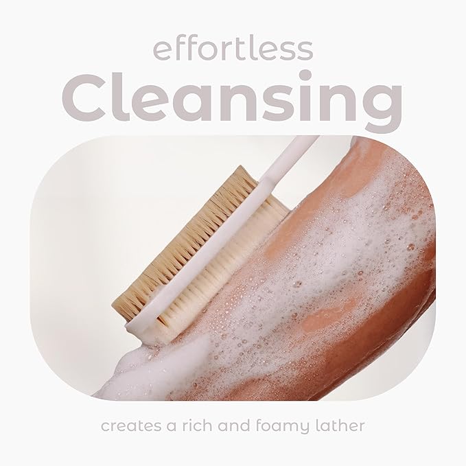 MainBasics Back Scrubber for Shower – Long Handle Dual-Sided Brush for Body Wash & Scrubbing with Exfoliating & Soft Bristles (White, Plastic)