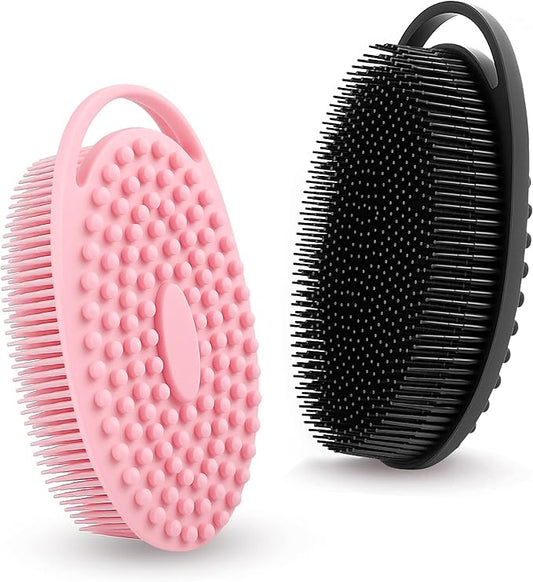 Soft Silicone Body Scrubber Loofah - 2 Pack Gentle Loofah Alternative, Fast-Drying, Hygienic Shower Brush Body Wash Scrubber for Sensitive Skin, Lather Well, Easy to Clean, Black and Pink