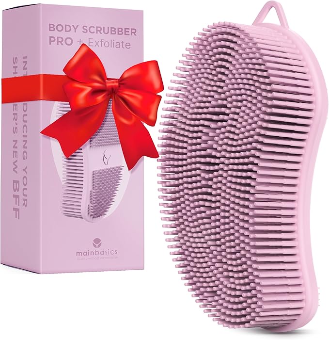 MainBasics Silicone Body Scrubber – Dual-Sided Shower Exfoliator for Men & Women, Gentle Silicone Loofah Alternative for Deep Clean (Pink, Exfoliate)