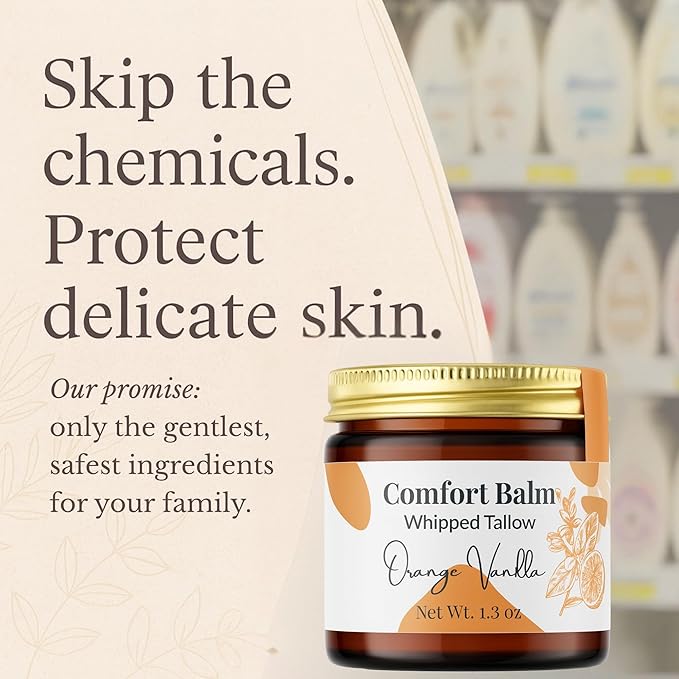 Whipped Tallow Balm – 100% Grass Fed Beef Tallow for Baby, Eczema & Sensitive Skin; Gentle Family Moisturizer for Dryness (Orange Vanilla)
