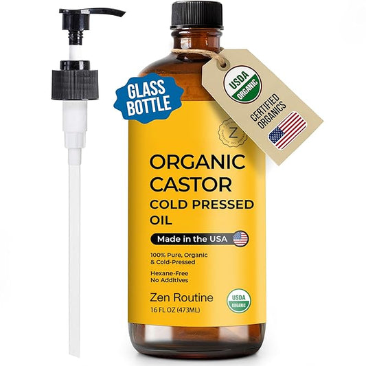 Zen Routine Organic Castor Oil 16oz Cold Pressed Unrefined Glass Bottle Hexane Free Pack – Aceite de Ricino Hair Growth Oil for Hair, Lashes & Stomach – USDA Certified Made in USA