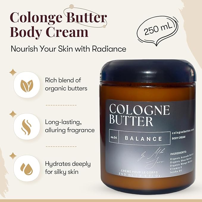 8.4 Fl. oz Cologne Body Butter - BALANCE | Scented Organic Cologne for Men & Women | Hydrating & Lasting Fragrance with Coffee, Rum, Patchouli, Vetiver & Sandalwood | Amber Glass Jar