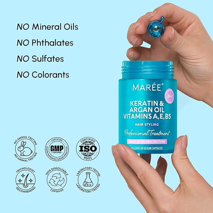 MAREE Hair Oil for Frizzy - Hair Vitamins Keratin Styling Capsules with Jojoba & Argan Oil - Anti Frizz Serum for Women Heat Protectant - Frizzy, Damaged, Dry & Curly - Gotas & Aceite Para el Cabello