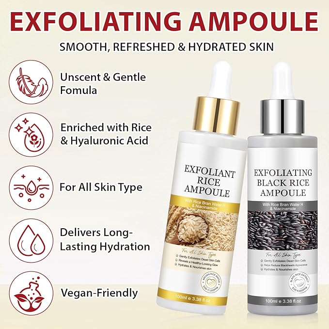 Rice Exfoliating Ampoule Set, Peel Shot Glow Rice Ampoule Duo,Duo for Gentle Peel + Pore Minimizing & Deep Hydration,Body Black and White Rice Exfoliating for All Skin Types 6.76 fl.oz