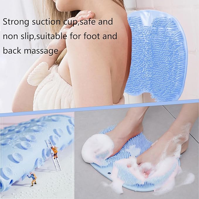 Shower Foot and Back Scrubber Mat,Wall Mounted Shower Foot Scrubber with Suction Cups,Exfoliating Silicone Massage Foot Cleaner for Shower(Blue)