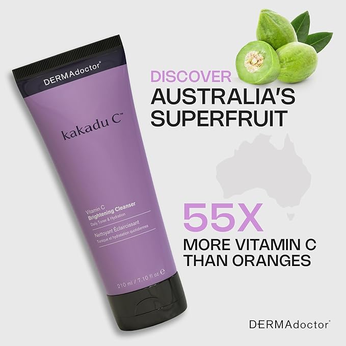 DERMAdoctor Vitamin C Face Wash – Daily 3-in-1 Vitamin C Cleanser & Makeup Remover Face Wash That Tones, Clears Pores, Lifts Oil, and Removes Sunscreen & Pollutants with Potent Kakadu Plum – 7.10 oz