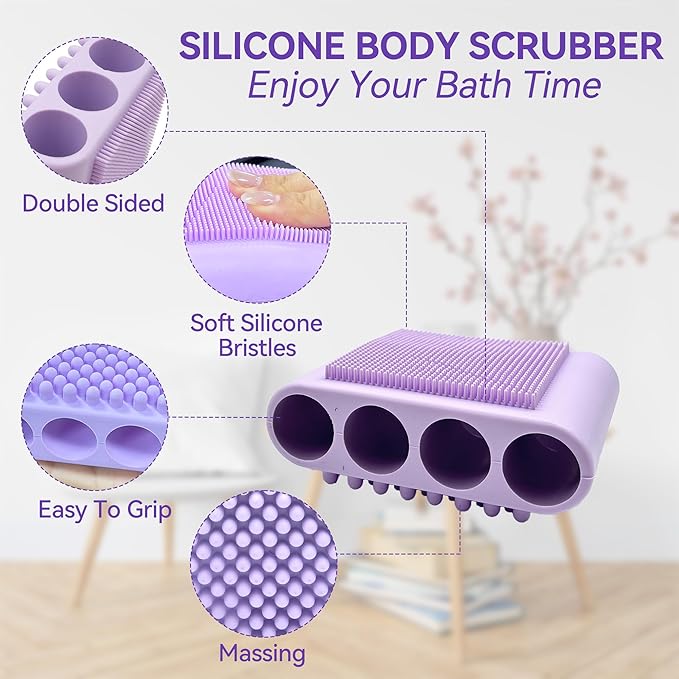 1PCS Silicone Body Scrubber Exfoliator- Bath Loofah & Sponges Alternative 4-Finger Non-Slip Grip Face & Scalp Scrubber for Sensitive Skin Body Brush for Men & Women (Purple)