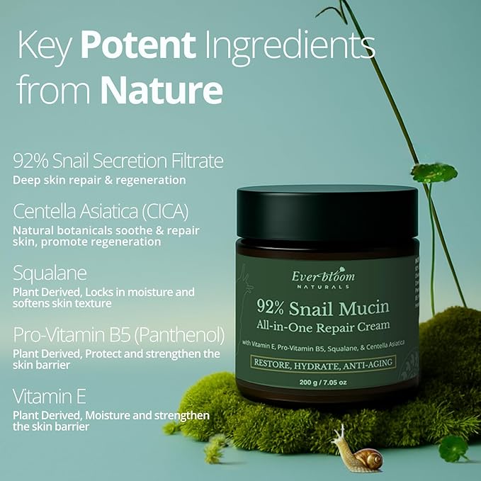 92% Snail Mucin Face Moisturizer Cream Large 7oz with CICA, Squalane & Vitamin E, Hydrating Korean Skin Care, Repair Cream for Soft and Glowy Skin, Acne Skin Care, Centella Asiatica