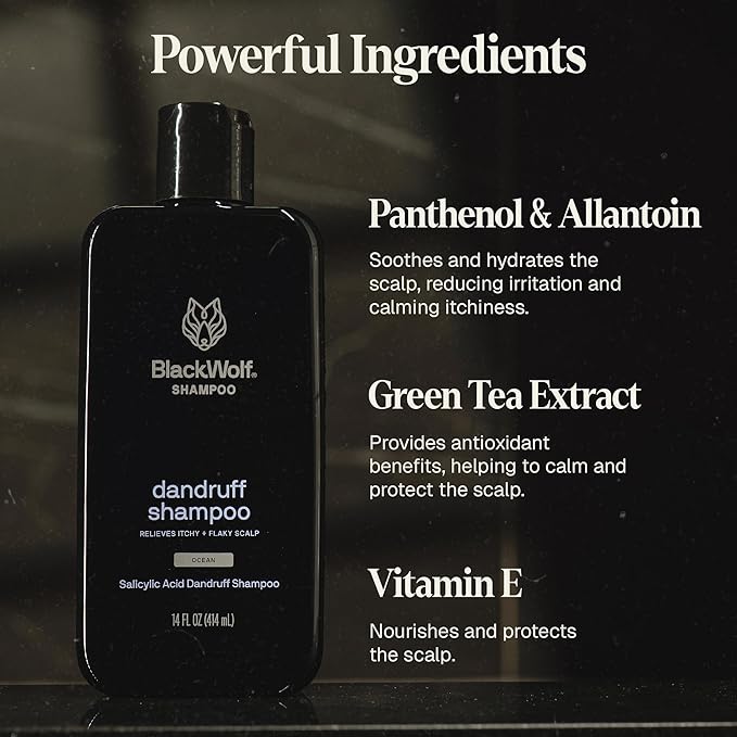 Black Wolf Anti-Dandruff Shampoo - Advanced Dandruff-Fighting & Itch Relief Formula with Salicylic Acid, Removes Buildup & Flakes - for Itchy Scalp - Thick & Rich Lather Cleanses Scalp - 14 oz