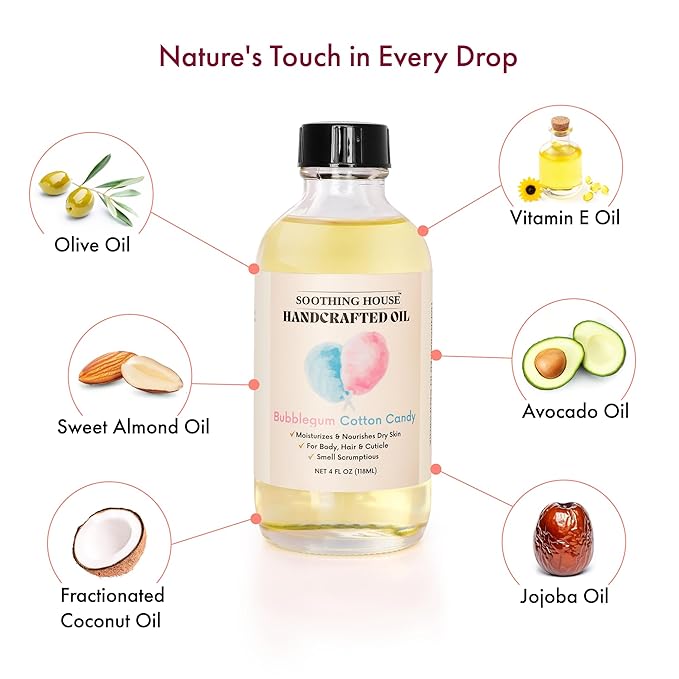 Bubblegum Cotton Candy: Moisturizing Body Oil for Soft, Glowing Skin with Almond & Jojoba Oil (4 fl oz)