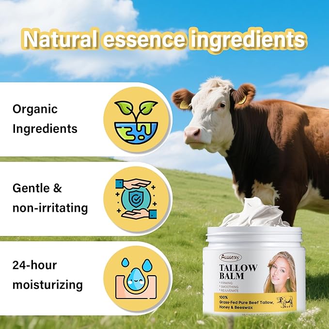 New Beef Tallow for Face,Handmade Whipped Tallow Balm with Shea Butter,Grass Fed Beef Tallow for Skin,Organic Beef Tallow Face Moisturizer,Tallow and Honey Balm for Dry & Sensitive Skin 5.07 Oz