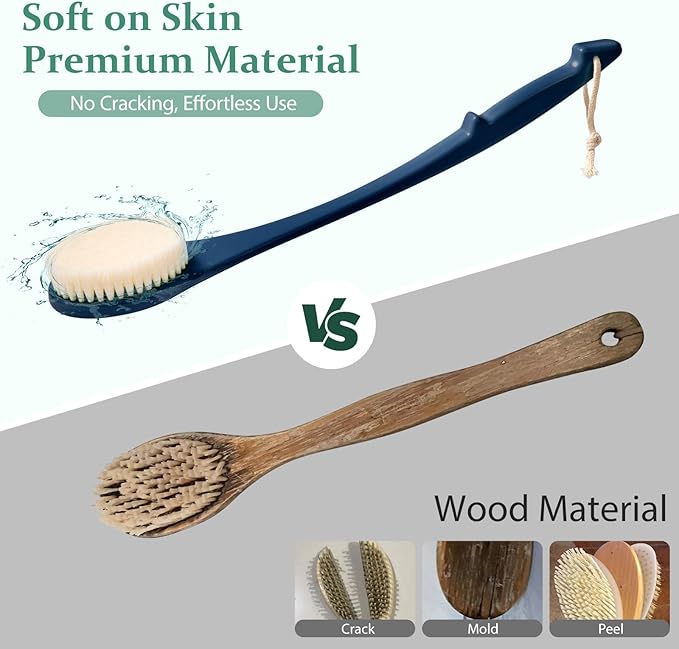 Back Scrubber for Shower, 17-Inch Shower Brush for Men and Women, Long Handle Exfoliating Body Brush, Medium Bristle Stiffness for Dry or Wet Brushing (Navy Blue)