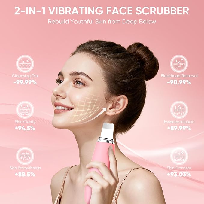 Silicone Face Scrubber Blackhead Scraper Rechargeable 2-in-1 Facial Cleansing Brush & Skin Spatula Duo, IPX7 Waterproof Exfoliating Massager Deep Cleansing for Women and Men（Peachy Pink）