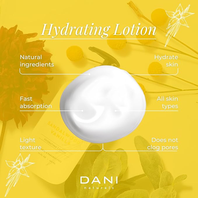 DANI Naturals Hand & Body Lotion - Warm Sandalwood Vanilla Scented Aromatherapy Moisturizer, Deep Hydration for Dry & Dull Skin with Shea Butter, Aloe Vera, & Vitamin E, Cruelty-Free & Vegan, 12 Oz