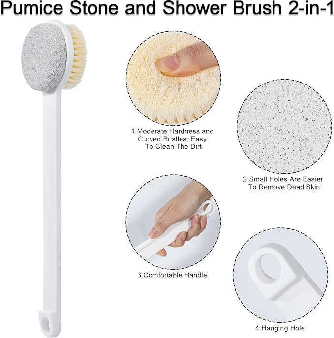 Pumice Stone and Shower Brush with Long Handle, Hard Skin Callus Remover, 2 in 1 Foot Scrubber, Back Scrubber for Shower Deep Cleansing and Exfoliation, Dry Brushing Body Brush (Straight)
