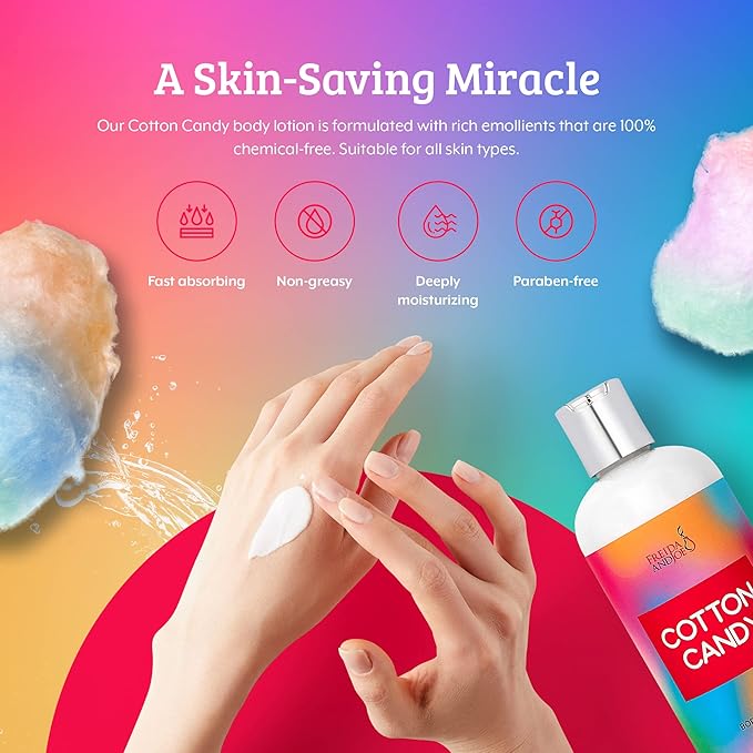 Freida and Joe Scented Body Lotion For Women, Deep Moisturizing Hand Cream, Womens Luxury Stocking Stuffers & Fragrance Gifts That Smell Good, 10oz (Cotton Candy)