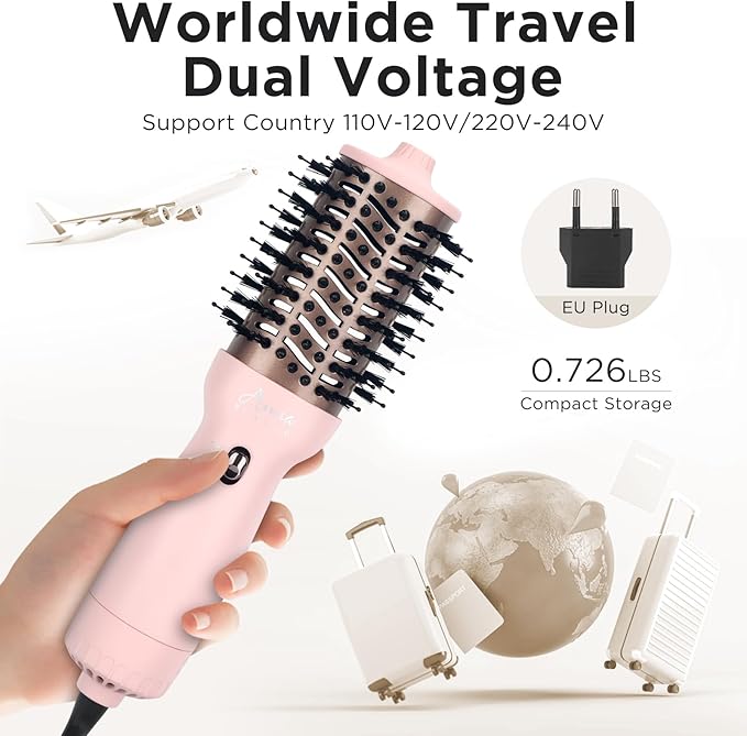 Aima Beauty Worldwide Travel Hair Dryer Brush 110V-240V Dual Voltage Blow Dryer Brush Hot Air Brush with Oval Barrel 360° Hot Airflow, Negative Ionic Frizz-Free Drying/Straightening/Voluming, Pink