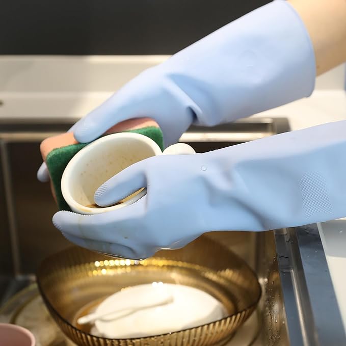 COOLJOB 2 Pairs Thickened Rubber Gloves with Cotton Lining & Non-slip Grip, Colorful Household Long Lasting Dishwashing Gloves for Kitchen & Bathroom Cleaning, Orange & Blue, Large