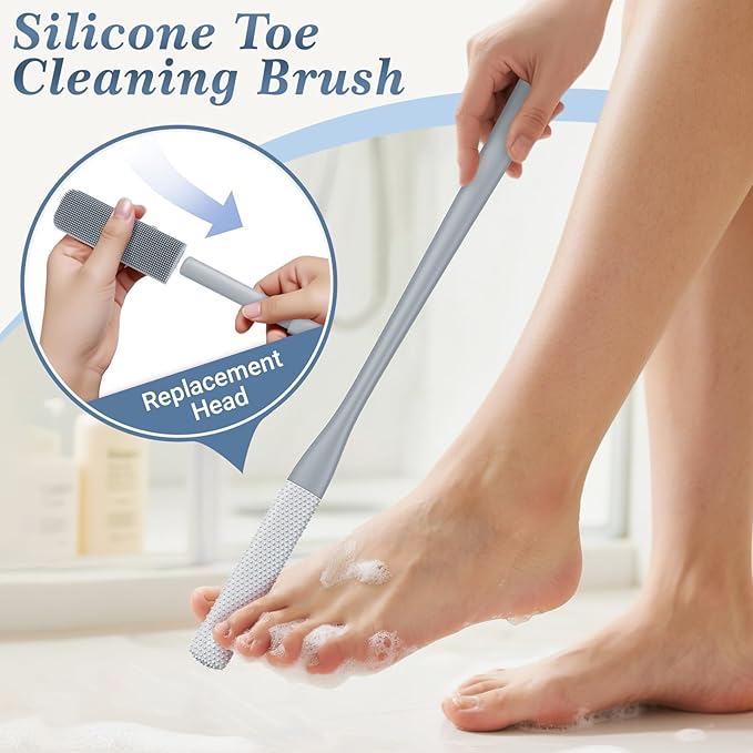 Manmihealth Silicone Back Scrubber & Soft Shower Brush, Silicone Scalp Massager, Toe Cleaning Brush Set 8 PCS, Body Foot Scrubber & Shampoo Brush Combination, with 4 Free Hooks (Style 1 Gray)