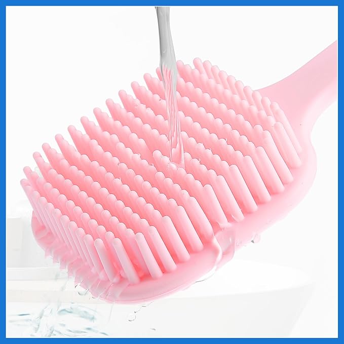 Soft Silicone Bath Brush, Non-Slip Back Scrubber Shower with Long Handle for Men and Women, Pink Routine