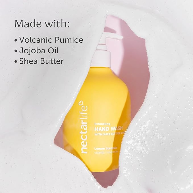 Nectar Life Exfoliating & Moisturizing Hand Wash, Volcanic Pumice for Hand Scrub, Shea Butter Softens Hands, Clean Vegan Ingredients, Lemon Scent