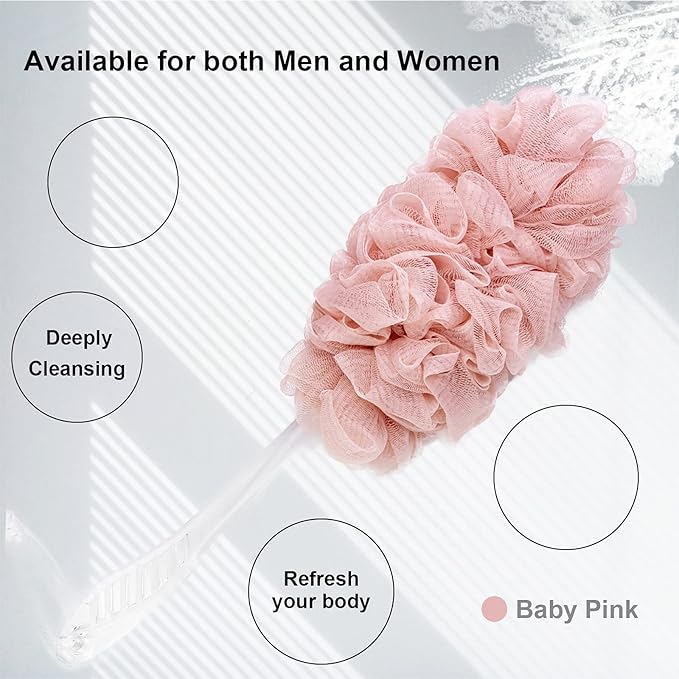PPHAO - Back Loofah on a Stick for Men - Bath Brush Long Handle for Shower Elderly - Loofah Sponge for Women - Plastic Loofah - Bath Body Brush - Pink Loofah - 2Pack