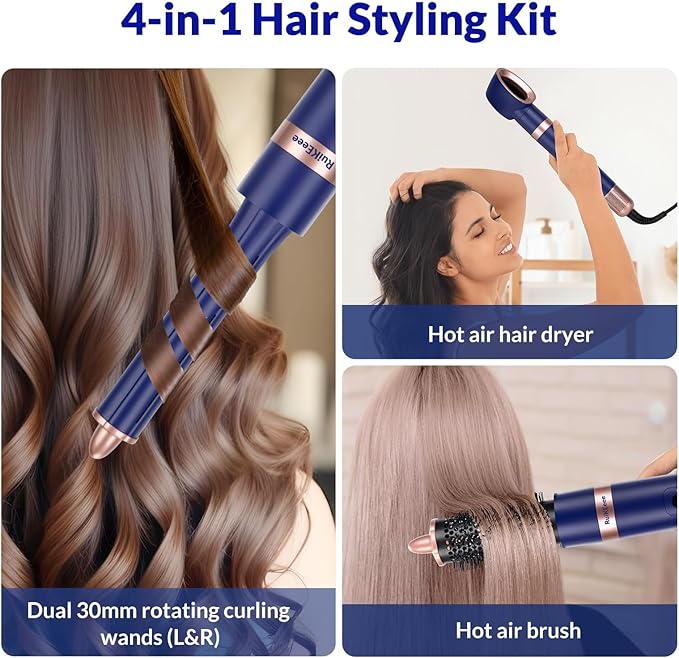 4-in-1 Hot Air Styler & Hair Dryer Brush – 110,000 RPM High-Speed Brushless Ionic Blow Dryer for Fast Drying, Curling, Straightening, Suitable for All Hair Styler - No Heat Damage(Blue)