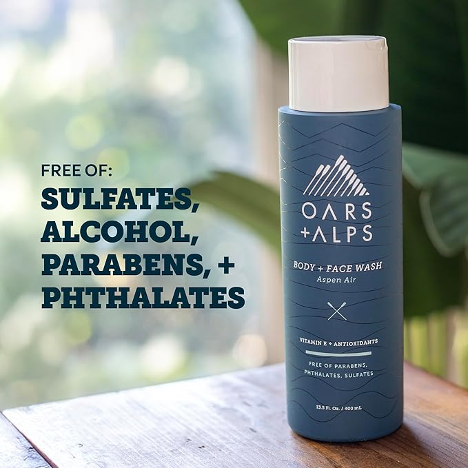 Oars + Alps Body and Face Wash for Men, Mens Body Wash & Face Cleanser with Vitamin E and Antioxidants, Moisturizing, Hydrating, Paraben & Sulfate Free Cleanser, Aspen Air, 3pk