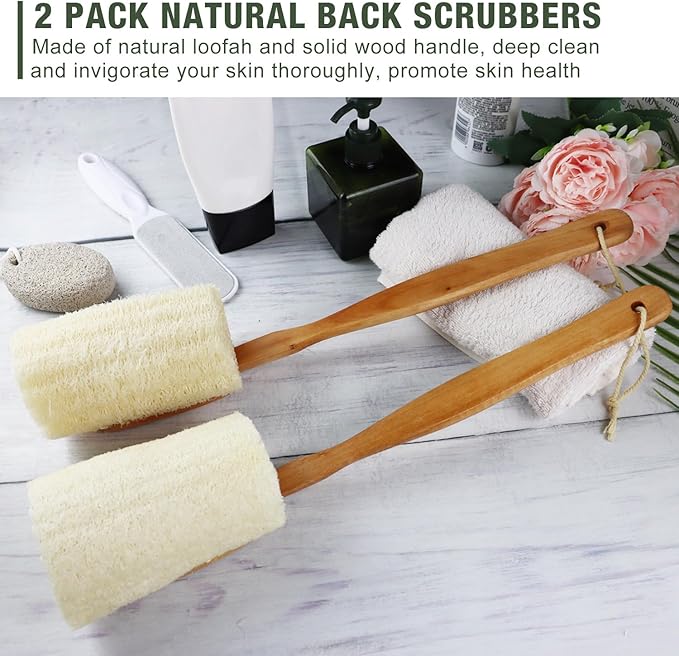 2 Pack Natural Exfoliating Loofah Luffa Loofa Bath Brush On a Stick, Shower Sponge Back Scrubber with Long Wooden Handle for Men & Women, Deep Clean and Invigorate Your Skin Back Brush