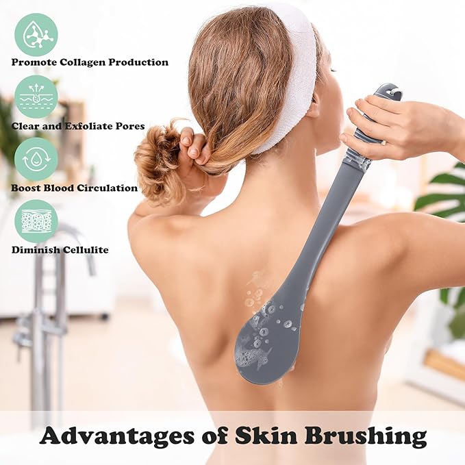 17-Inch Back Scrubber for Shower, Anti-Slip Exfoliating Body Brush for Bath, Gentle Back Brush for Shower for Men, and Women, Cleaning Skin for Smooth, Glowing Skin (Grey)