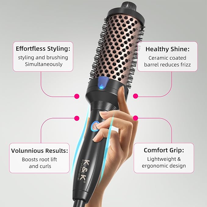 K&K 1.77 Inch Heated Curling Brush with Ceramic Tourmaline Ionic Technology for Volumizing and Loose Curls (Black)