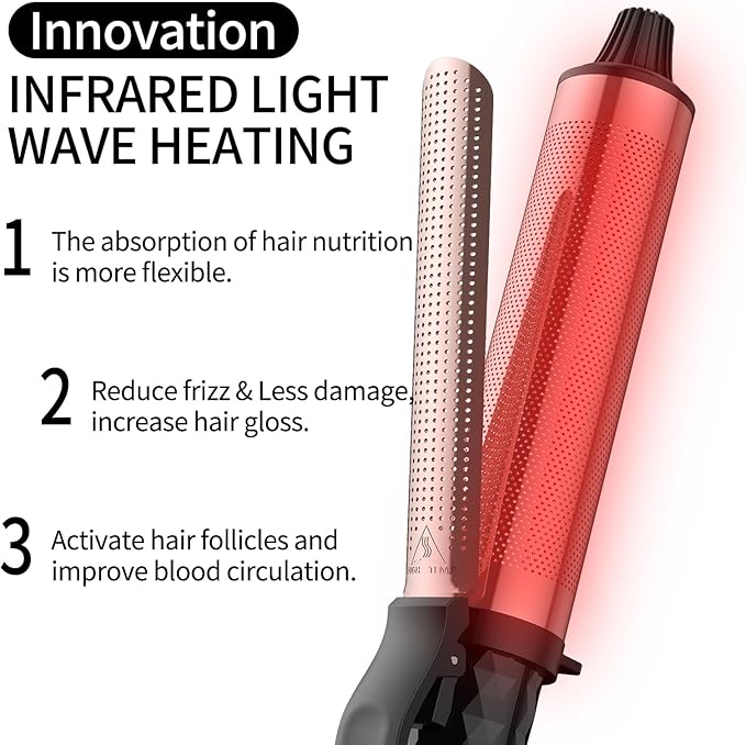 K&K 1 1/2 Inch Red Light Therapy Infrared Heated Curling Iron Curling Wand Ceramic Curling Irons -Creates Root Volume & Loose Curls Volume Curls Dual Voltage Cool-AIR TECH Hair Styling Tool