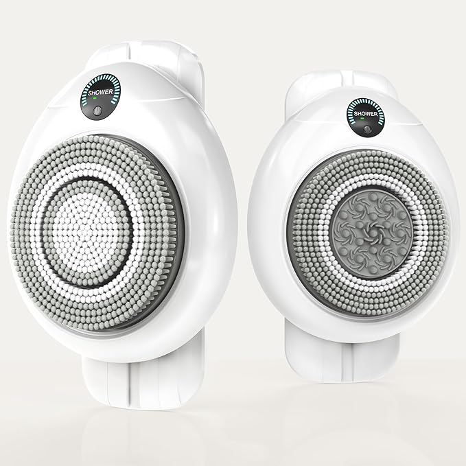 Electric Back Scrubber for Shower - Wall Mounted Exfoliating Brush, Hands-Free Automatic Body Scrubber, IPX7 Waterproof, 3-Speed Adjustment, 3 Replaceable Heads with 50pcs Disposable Shower Caps