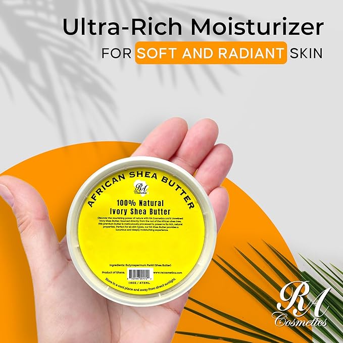 RA COSMETICS 100% Pure Shea Butter, Ivory – 16oz | Raw Unrefined African Shea Butter from Ghana | Ultra-rich Moisturizer for Dry Skin | Whipped Texture | Ideal for DIY Skincare & Haircare Routines