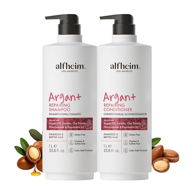 ALFHEIM Argan+ Repairing Shampoo & Conditioner Set for Dry, Damaged & Frizzy Hair with Argan Oil, Keratin – Deep Repair, Moisture, Shine & Frizz Control – Color Safe, Sulfate Free – 33.8 oz × 2