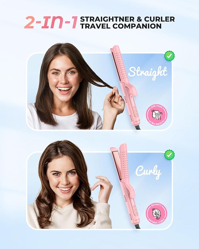 Airflow Styler Curling Iron, Hair Straightener and Curler 2 in 1 with 360°Cooling Vents Dual Voltage Adjustable Temp, Rose Pink