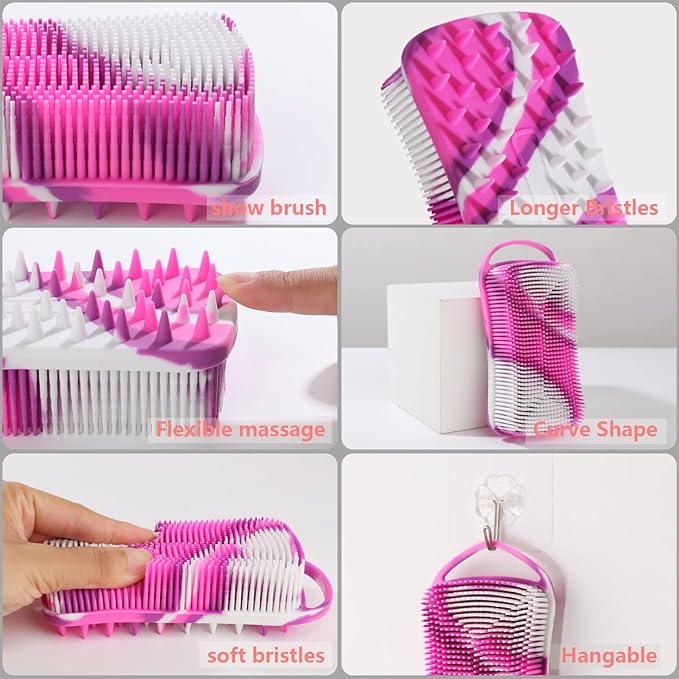 Silicone Body Scrubber, 2 in 1 Body Brush & Hair Scalp Brush for Shower and Bath, Easy Clean, Lathers Well, Stimulating Blood Circulation More Hygienic Than Loofah, Fit Women Men.Camo Purple